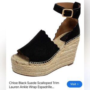 Chloe Black Suede Scalloped Espadrille Wedge Sandals with Ankle Buckle